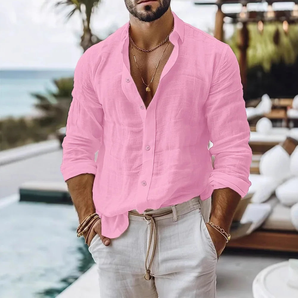 Camisa de algodón y lino para hombre, estilo playero de verano, de color liso, de una sola botonera, transpirable, ligera y elegante, con botones en la parte superior