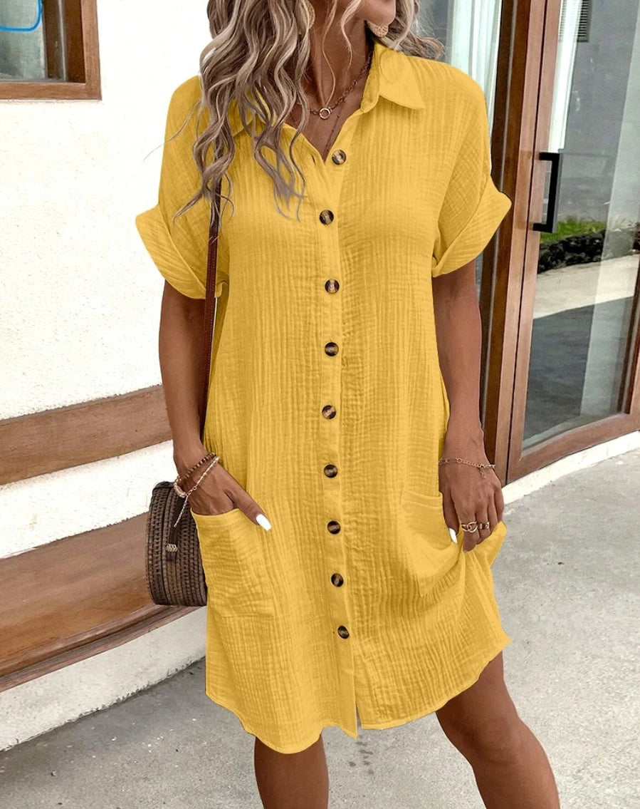Vestido mini liso de estilo vintage para mujer, moda de verano, cuello en V, manga tres cuartos, vestido de algodón y lino, vestidos informales de mujer para las vacaciones