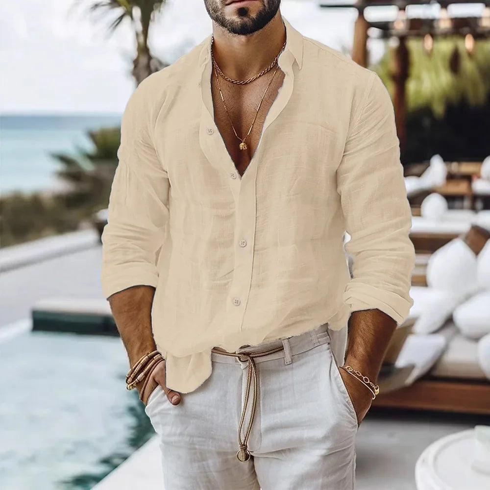 Camisa de algodón y lino para hombre, estilo playero de verano, de color liso, de una sola botonera, transpirable, ligera y elegante, con botones en la parte superior