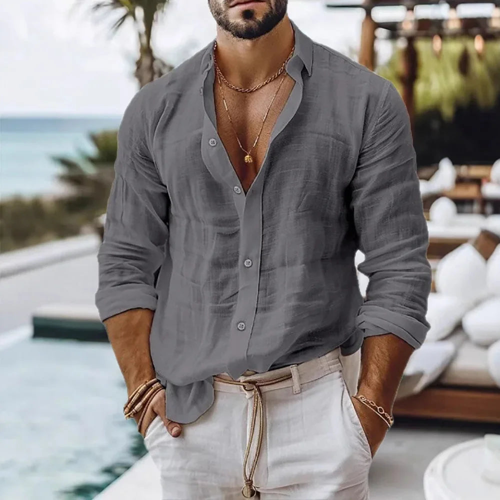 Camisa de algodón y lino para hombre, estilo playero de verano, de color liso, de una sola botonera, transpirable, ligera y elegante, con botones en la parte superior