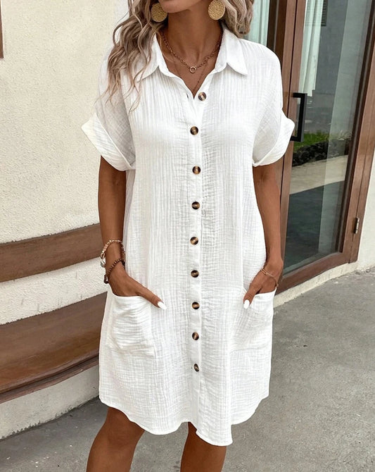 Vestido mini liso de estilo vintage para mujer, moda de verano, cuello en V, manga tres cuartos, vestido de algodón y lino, vestidos informales de mujer para las vacaciones