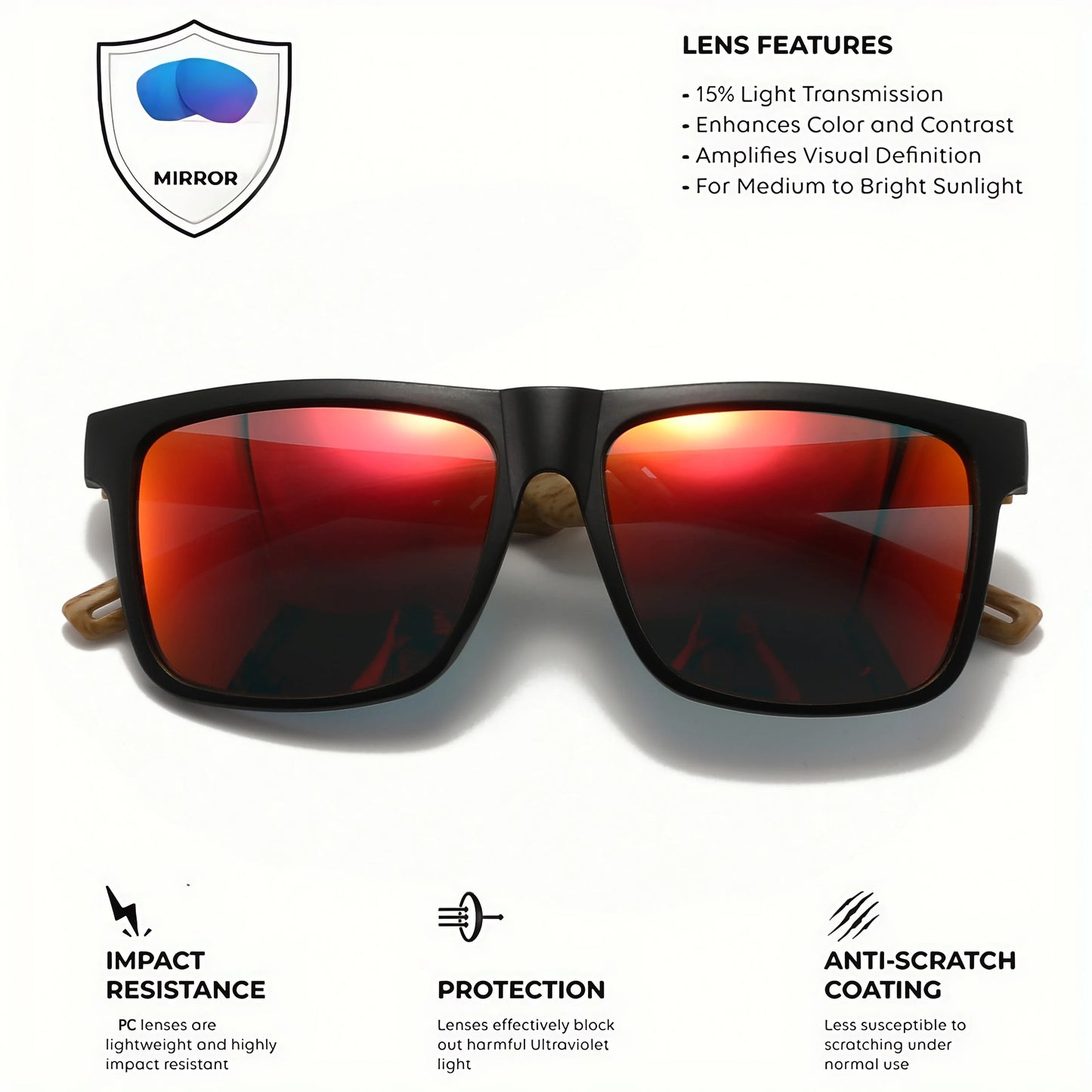 Nuevas gafas de sol Fashion Square: bisagra con acabado de madera, protección UV400, unisex, ideales para conducir, hacer senderismo y viajar