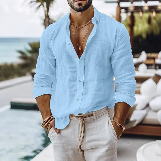 Camisa de algodón y lino para hombre, estilo playero de verano, de color liso, de una sola botonera, transpirable, ligera y elegante, con botones en la parte superior