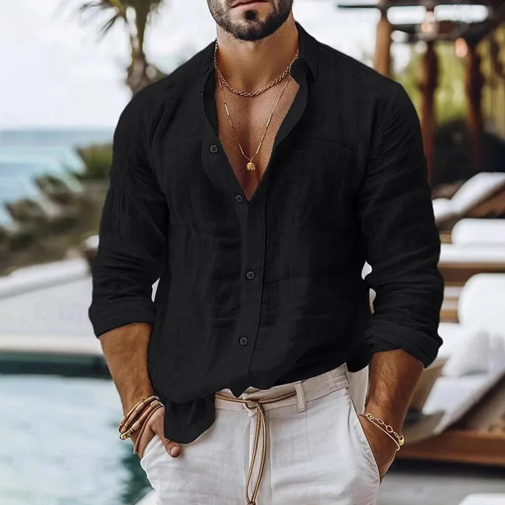 Camisa de algodón y lino para hombre, estilo playero de verano, de color liso, de una sola botonera, transpirable, ligera y elegante, con botones en la parte superior