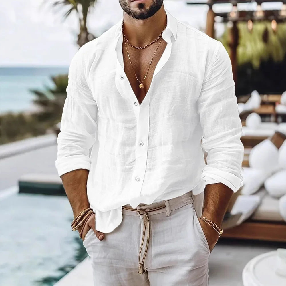 Camisa de algodón y lino para hombre, estilo playero de verano, de color liso, de una sola botonera, transpirable, ligera y elegante, con botones en la parte superior